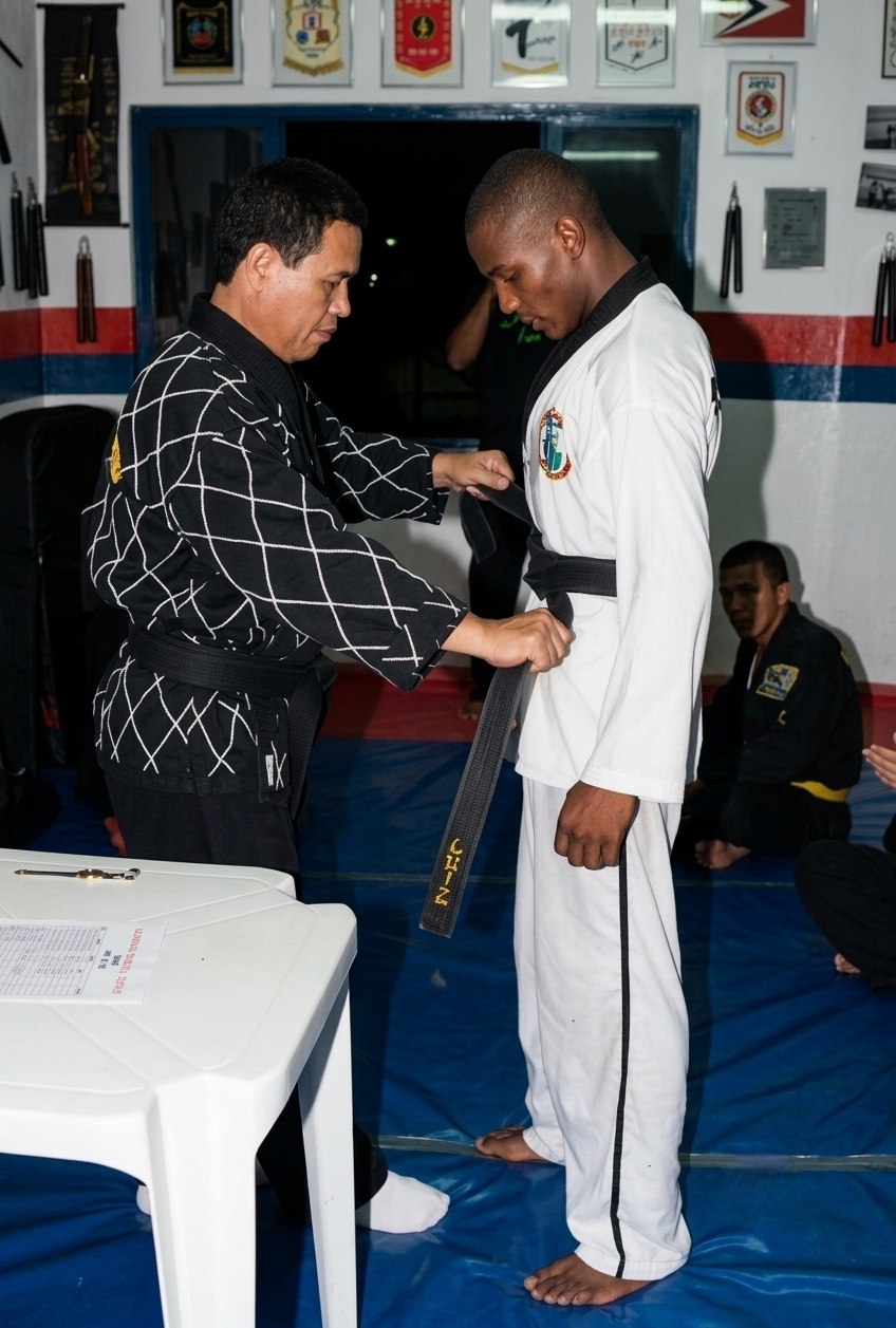 Mestre amarrando a faixa de um aluno